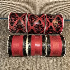 New Halloween Ribbon Lot Of 6 Rolls Makers Decor Wired Gothic Burlap Skulls Red