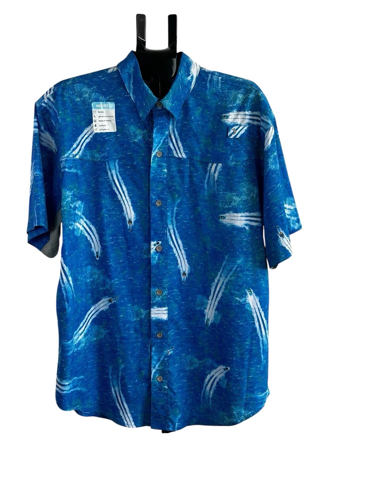 Reel Legends Mariner II Performance Fishing Shirt Aerial Ocean Print UPF 50 SzL