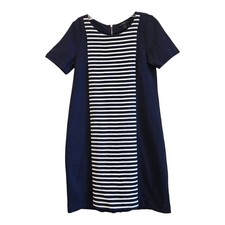 J. CREW Women 4 Dress Navy Blue White Solid / Striped Short Sleeve Cotton Blend