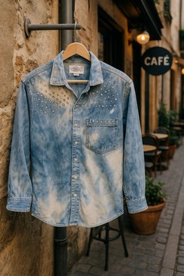 Perry Ellis Levi Strauss Bleached Denim Rhinestone Western Shirt Sz S Vintage 80