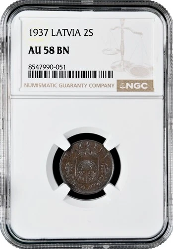 Latvia 2 santimi 1937, NGC AU58 BN, "First Republic (1922 - 1940)"