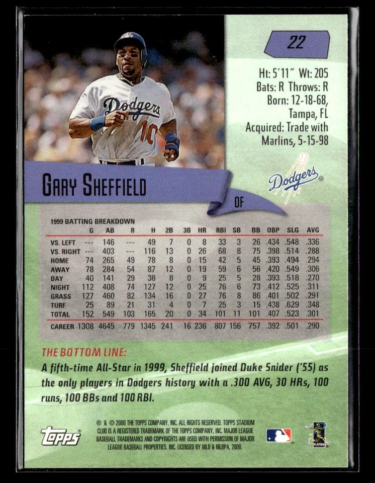 2000 Stadium Club #22 Gary Sheffield Card Los Angeles Dodgers - Image 2 of 2