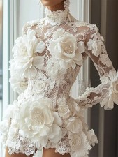 High Collar Flowers Appliquins Mini Formal Evening Dresses Party Prom Gowns
