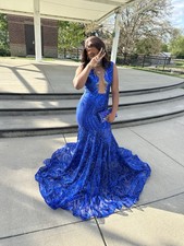 Blue Sleeveless Mermaid Gown Lace Ruffle Long Dress Plunge Neckline Formal