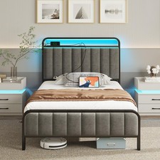 Twin Size Bed Frame with LED Light and Charging Station, Upholstered Headboar...