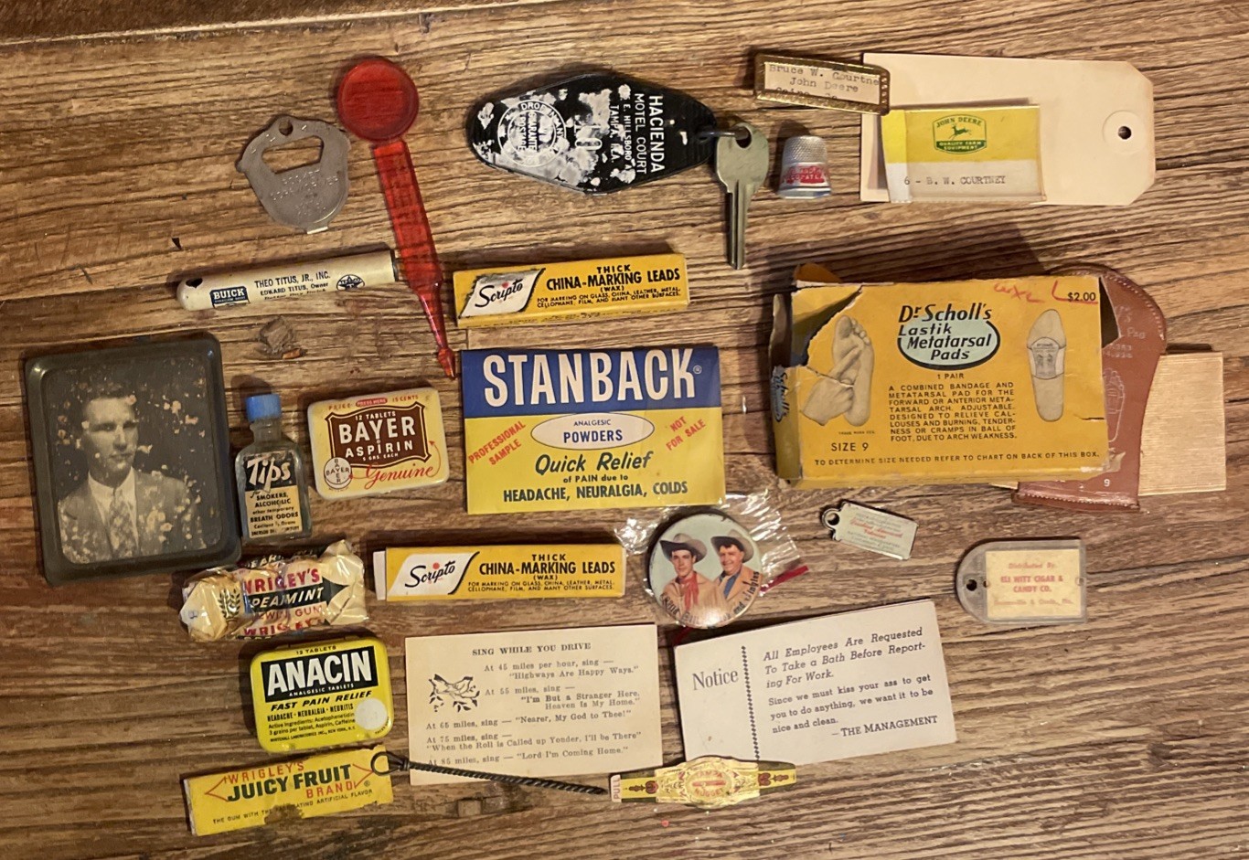 Vintage Items ANACIN Bauer Tin Wrigley’s Juicy Fruit Gum Scripto John Deere Ciga