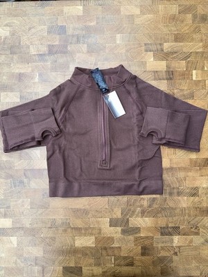 HIIT Women s Ribbed Cropped Half Zip Activewear Top Brown Small NWT