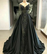 Gothic Black Wedding Dresses Spaghetti Straps Sleeveless Satin Bridal Gown Train