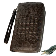 Crocodile Women's Leather Wristlet Wallet Brown Real Hornback Skin Zipper Purse