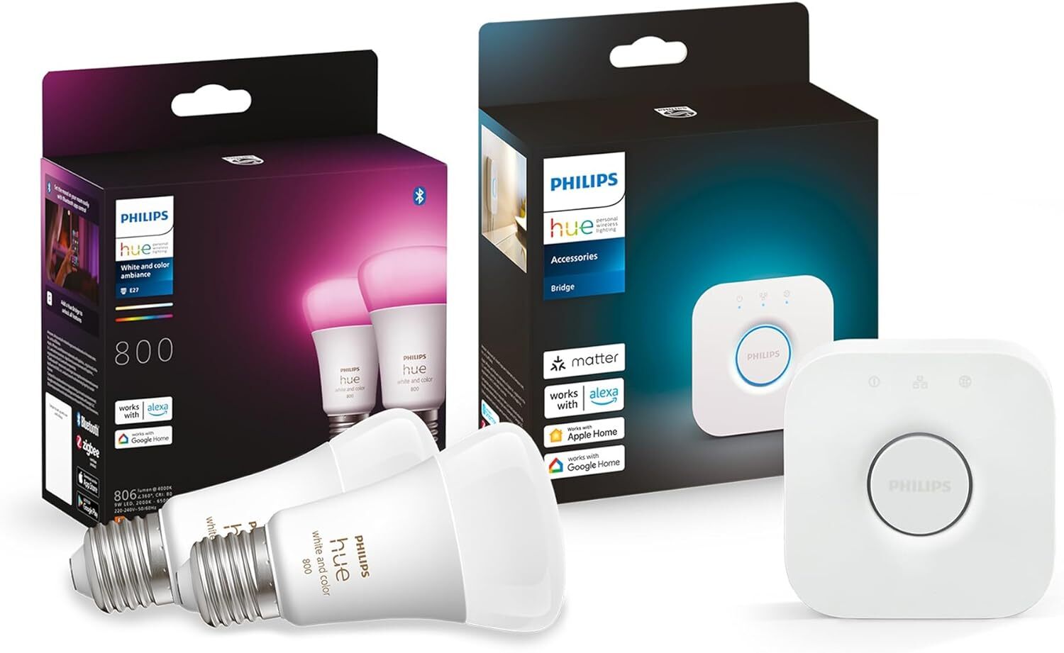 Philips Hue White and Col. Amb. E27 2 Pack 800lm + Bridge 2 pieces  