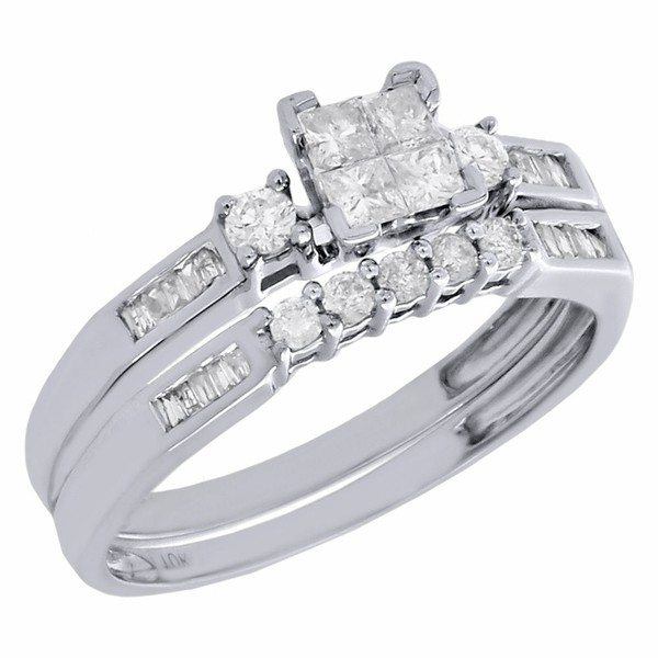 10K WeißGold Prinzessin Diamant Braut Set Verlobungsring + Ehering 1/2 Karat-image