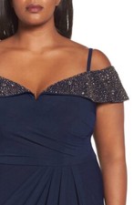 Xscape Plus Size Off the Shoulder Beaded Midnight Blue Evening Dress Ruched 16 W