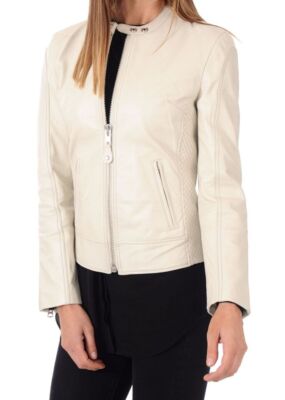 Women's Off White Genuine Lambskin Leather Jacket Slim Fit Motorcycle  Jacket