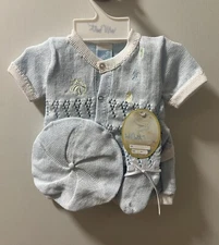 NWT Will'beth Blue Knit Welcome Home  4pc Baby Boy  Outfit W/romper,Hat,socks#19