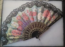 Vintage Hand Fan Fabric Black Lace Gold Detail Made in Spain Floral Motif