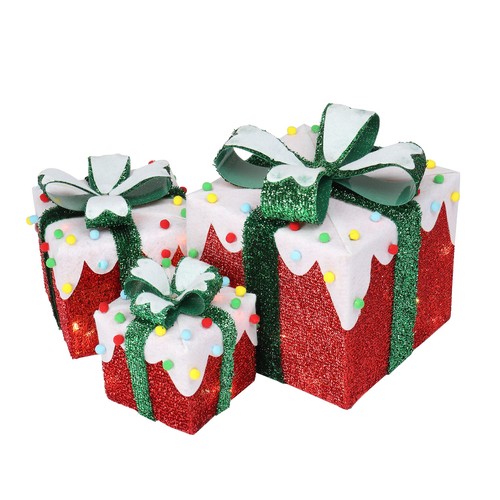 3x Xmas 60 Led Pre Lit Light Up Christmas Parcel Gift Box Set With Tinsel & Bow - Picture 8 of 8