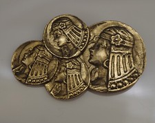 ESTATE JEWELRY EGYPTIAN REVIVAL NEFERTETE  GOLDEN COINS BROOCH LARGE 2.75"