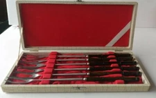  Fondue Bamboo Shabu Forks Japan FAUX Alligator Box Set 6 MCM Stainless 