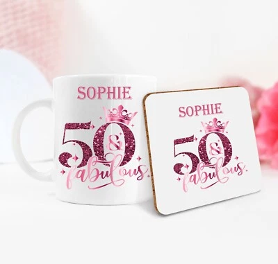 CLARELY'S PRINTING Personalised 50th Birthday Gift 50th Pink Mug, Coaster or Mug & Coaster Gift Set