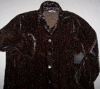 NWT John Mark Chocolate Brown/Black LEOPARD VELOUR Button Tunic Top Women's L