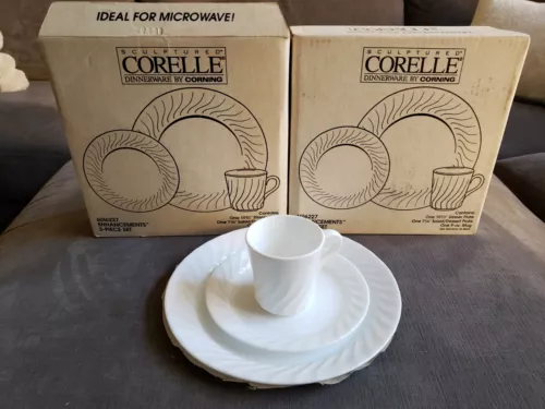 RARE!! NEW 2- Set Of 3 Corelle Enhancements White Swirl - Dinner, Salad And Mug