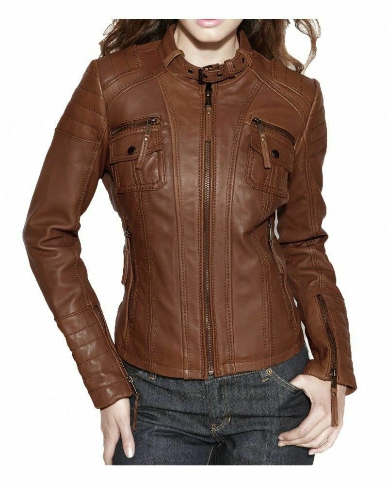 New Women's Leather Motorcycle Biker Jacket 100% Genuine Soft