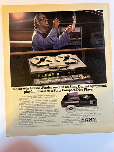 Vtg 1985 Ad, Sony Digital Equipment, Compact Disc Player featuring Stevie Wonder