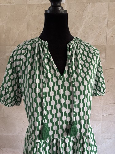 Boden Tiered Mini Dress 4R Kelly Green Short Sleeve Geo Tassels Cottagecore Boho - Picture 5 of 11