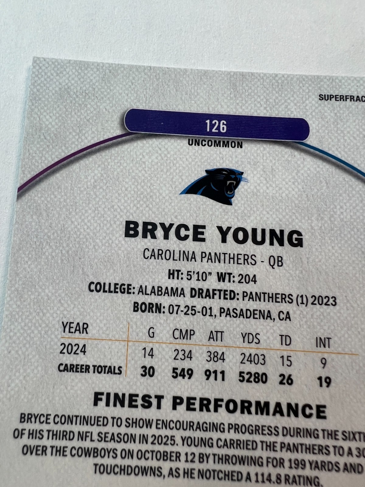 2025 Topps Finest Football #126 Bryce Young Carolina Panthers Superfractor 1/1 view 3