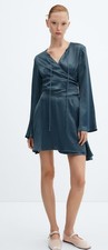 NWT - MANGO - Petrol Blue Wrapped satin dress - Size M