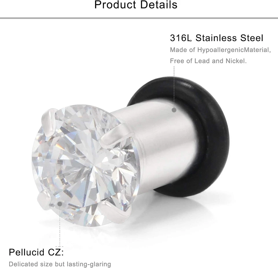 Juego de 6 pares de medidores de oreja flexibles de acero inoxidable y silicona de diamante transparente Foto 2 de 3