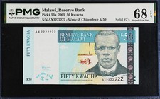 Malawi 50 Kwacha 2005 SOLID Serial AX 2222222 Pick-53a SUPERB GEM UNC PMG 68 EPQ