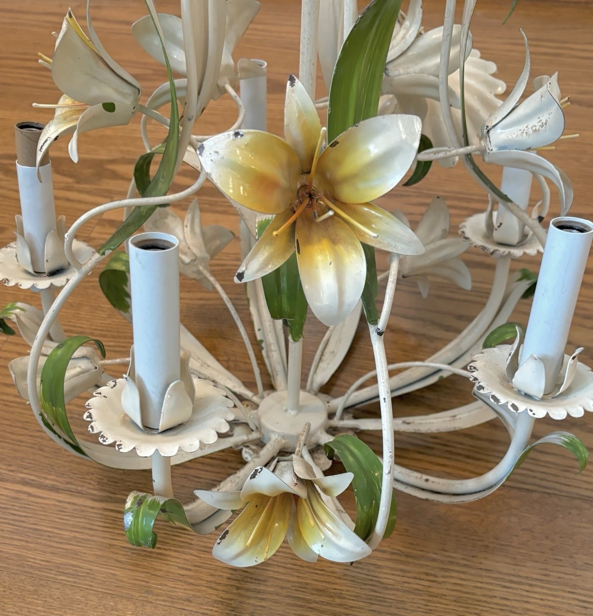 Vintage 60s Chandelier Painted Italian Flower Lily Hollywood