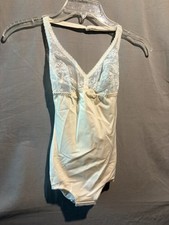 Vintage Sears Cream Lace Satin Adjustable Halter Bodysuit 34B XS Hook Closure