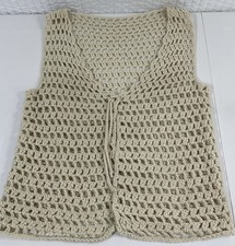 VINTAGE Crochet Knit Vest Boho Hippie Beige Open Weave Tie Front Handmade