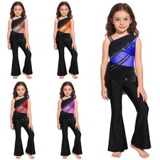 Kids Girls Jumpsuit Sparkly Dancewear Lyrical Bodysuit Dance Color Block Mesh