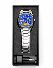 Blue Multicolor Dial Quartz Date Stainless Steel Bracelet Watch w/ Box