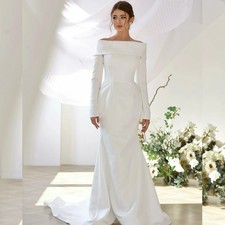 Elegant Mermaid Wedding Dresses Bride Off Shoulder Long Sleeve Satin Beach Gowns