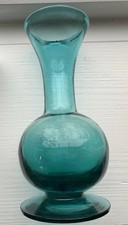 Vintage Teal Art Glass Vase 10  Hand Blown Pontil MCM Studio Glass