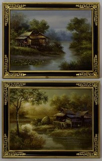20th century old paintings set of 2 pieces oil landscapes signed.