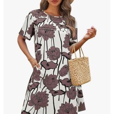 Women Brown Lotus Floral Print Short Sleeve Tunic Mini Dress Pleated Front LARGE