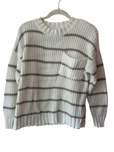 American Eagle Sweater Medium Womens Relaxed Stripe White Gray Crewneck Knit