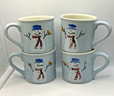 #ad Lot Of 4 Hartstone Snowman Winter Mugs Birds Coffee Cocoa Blue HP POTTERY USA $49.99