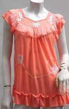 Vintage Peach Pink Lace Trim Ruffle Nylon Baby Doll Top/Mini Dress Nightgown