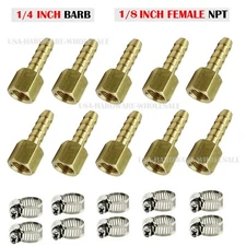 (10 Pack) 1/4" Hose Barb X 1/8" FEMALE NPT Brass Pipe Fitting NPT Thread + Clamp