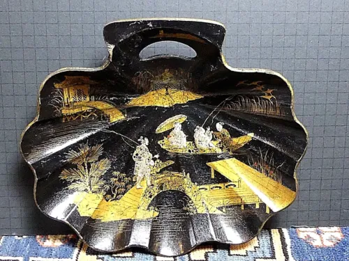 antique 19th century chinese black lacquer hand painted paper mache tray image 2