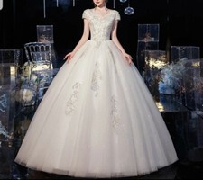 UK Cap Sleeve Sequins Bridal A Line Floor Length Cheap Wedding Dress  Size 6-20