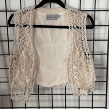 Vintage Crochet Open Front Art Deco Cropped Vest Womens 14 Beige Boho Festival