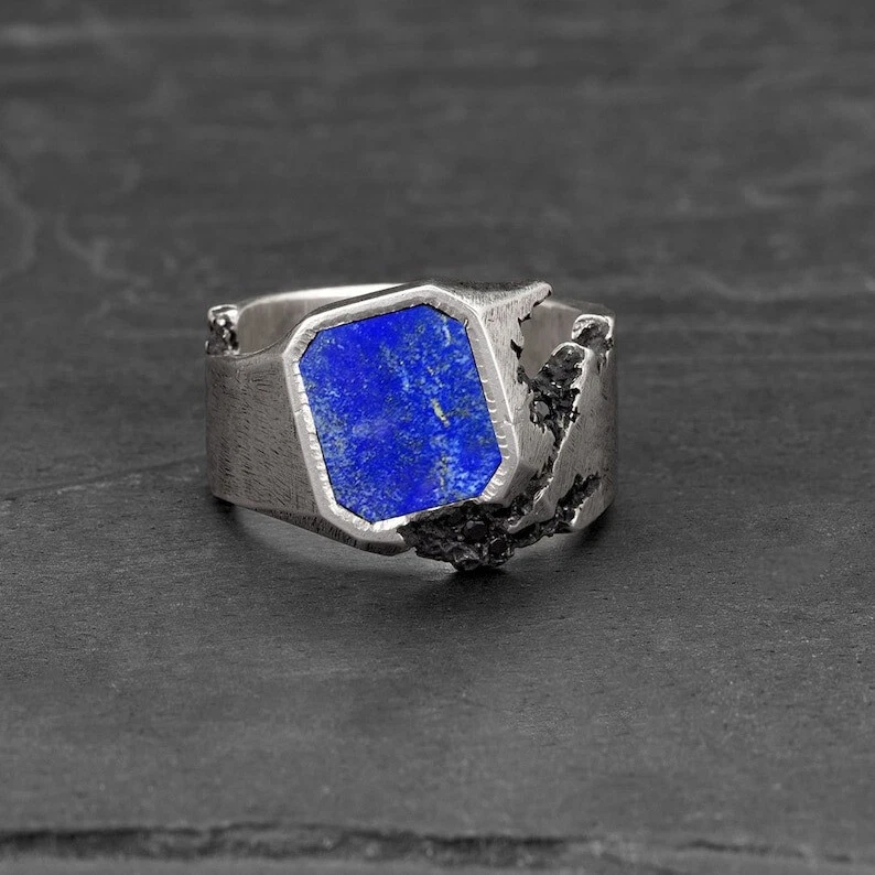 Blue Lapis Lazuli Men's Signet Ring 925 Sterling Silver Ring Twist Band Ring
Opens in a new window o