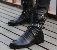 British Punk Men Gothic Pointed Toe Zip Casual Ankle Boos Shoes Black Plus Size